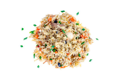 Rice with vegetables, meat on white background.の写真素材