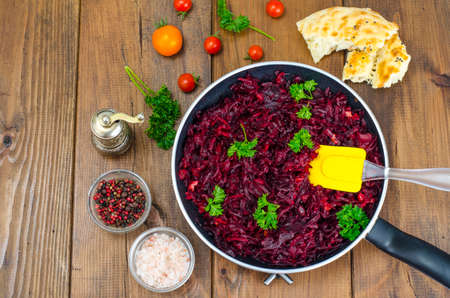 Dietary dishes. Stewed beet in frying panの写真素材