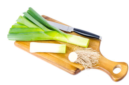 Stalk of leek chopped into pieces. Studio Photo