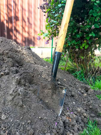 Dirty shovel in black earth, gardening job. Studio Photo