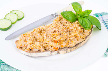 Bread slice with chicken rillettes close up on white plate. Studio Photoの写真素材