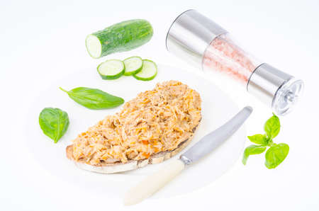 Bread slice with chicken rillettes close up on white plate. Studio Photoの写真素材