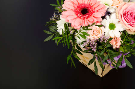 Flowers, bouquet in stylish wooden box. Studio Photoの写真素材