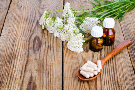 Traditional medicine concept, medicinal plants and herbal capsules. Studio Photoの写真素材