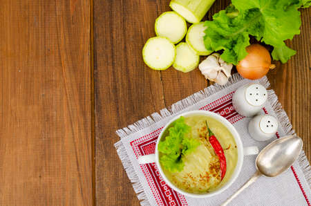 Spicy vegetarian vegetable puree soup green color, healthy eating. Studio Photoの写真素材