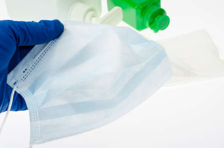 Coronavirus prevention medical masks, sanitizer gel, liquid soap for hand hygiene corona virus...