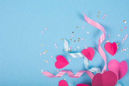 Abstract Background with Paper Hearts, ribbons for Valentine`s Day. Blue Love and Feeling Background for poster, banner, post, card. Studio Photoの写真素材