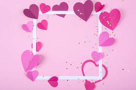 Abstract Background with Paper Hearts for Valentine`s Day. Pink Love and Feeling Background for...