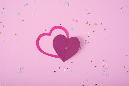 Abstract Background with Paper Hearts for Valentine`s Day. Pink Love and Feeling Background for poster, banner, post, card. Top viewの写真素材