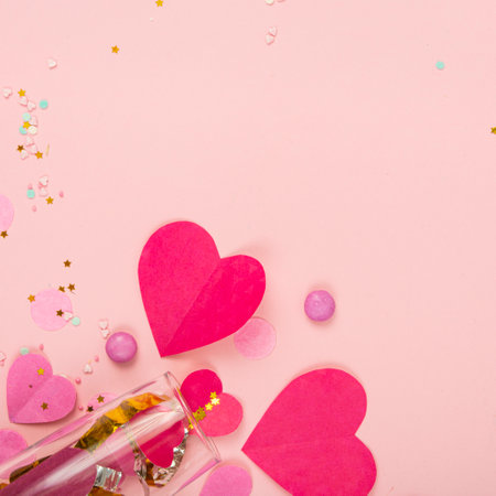 Abstract Background with Paper Hearts, confetti for Valentine`s Day. Love and Feeling Background for poster, banner, post, cardの写真素材