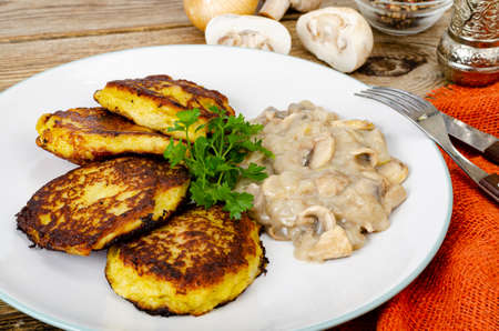 Fried grated potato pancakes with mushroom sauce. Studio Photo.の写真素材
