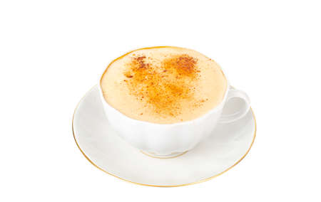 Cappuccino with cinnamon in white cup and saucer, isolate. Studio Photoの写真素材