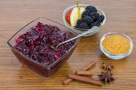 Sweet aromatic delicious blackberry and apple jam. Studio Photo