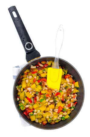 Frying pan with vegetable stew with pumpkin and white beans. Studio Photoの写真素材