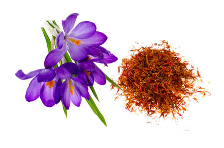 Spice saffron and fresh crocus flowers isolated on white background. Studio Photoの写真素材