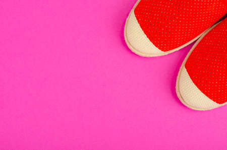 Summer composition of hats and shoes on bright background. Studio Photoの写真素材