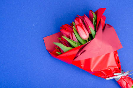 Bouquet of red tulips in festive packaging. Studio Photo