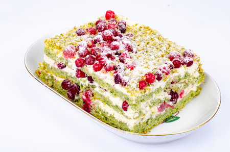 Piece of sweet sponge cake with cream and red cranberries. Studio Photo