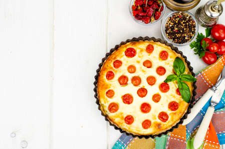 Homemade baking. Cherry tomato snack pie. Studio Photoの写真素材
