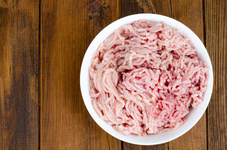 Plate with fresh minced meat, spices for cooking. photo