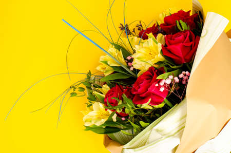 Luxurious beautiful bouquet of fresh flowers on bright background. Studio Photo.の写真素材