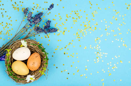 Decorated handmade Easter eggs for the holiday season on blue background. Creative minimal abstract concept. photoの写真素材