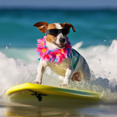 Dog jack russell surfing the wave Illustration Generative AIの素材