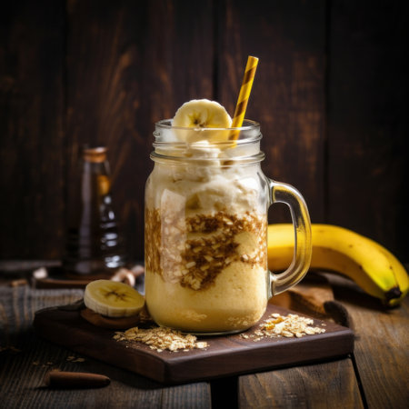 Dovish cocktail with banana and oatmeal. Illustration Generative AIの素材
