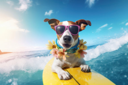 Dog jack russell surfing the wave Illustration Generative AIの素材