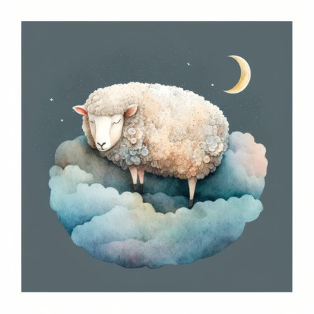 Night cute watercolor sheep. Illustration Generative AIの素材