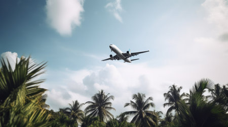 Airplane on tropical background. Illustration Generative AIの素材