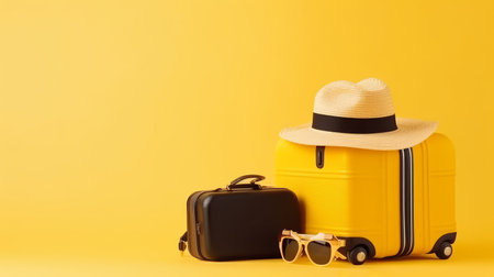 Suitcase with summer hat background. Illustration Generative AIの素材