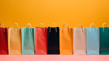 A row of colorful paper shopping bags. Illustration Generative AIの素材