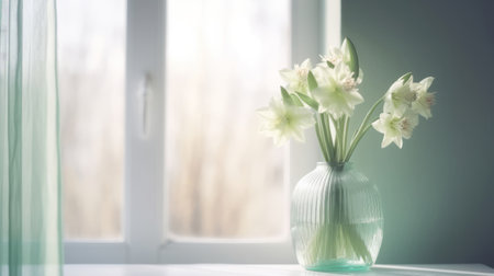 Green luxury flowers in glass vase. Illustration Generative AIの素材