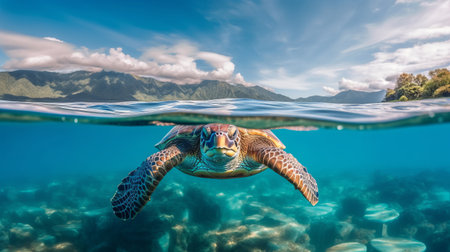 Turtle underwater. Illustration Generative AIの素材