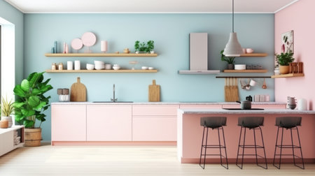 Modern kitchen in pastel colors. Illustration Generative AIの素材