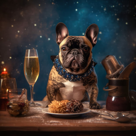 French Bulldog drinking champagne on New Years Eve. Illustration Generative AIの素材
