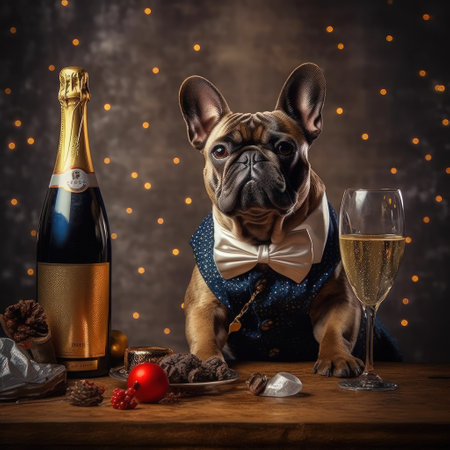 French Bulldog drinking champagne on New Years Eve. Illustration Generative AIの素材