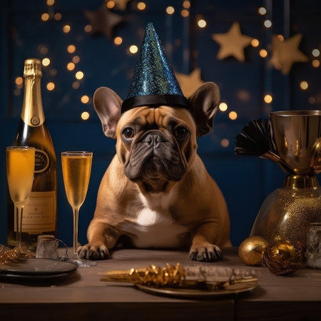 French Bulldog drinking champagne on New Years Eve. Illustration Generative AIの素材