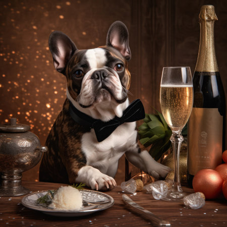 French Bulldog drinking champagne on New Years Eve. Illustration Generative AIの素材