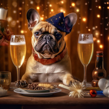 French Bulldog drinking champagne on New Years Eve. Illustration Generative AIの素材