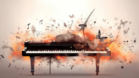Piano with music notes and flute in fire and smoke conceptの素材
