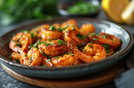 a plate containing shrimp and parsley.の素材