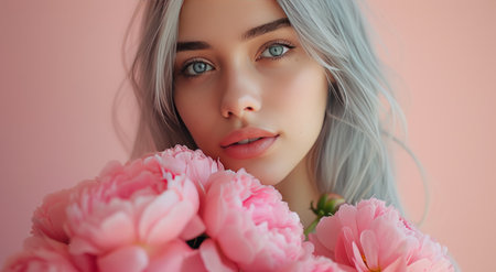 a young woman with gray hair holds a bouquet of pink flowers.の素材