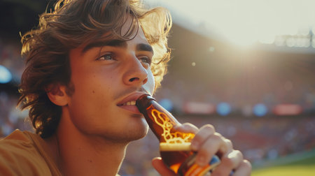 A young man drinks beer from a glass bottle.の素材