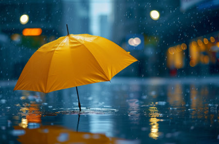 a yellow umbrella is sitting in rain.の素材