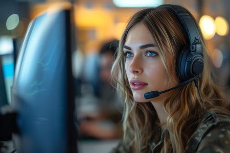 A Thoughtful Woman Working as a Helpdesk Service Agent.の素材