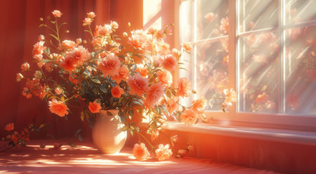 a vase of flowers on a table near a window.の素材