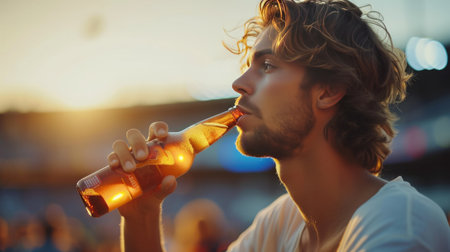 A young man drinks beer from a glass bottle.の素材