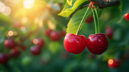 Beautiful juicy ripe cherry hang on a branch in the summer garden.の素材